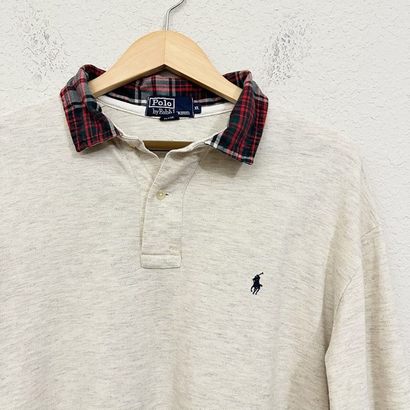 Vintage POLO RALPH LAUREN L/S Pony Polo Shirt w Plaid Collar USA MADE - Picture 2 of 7